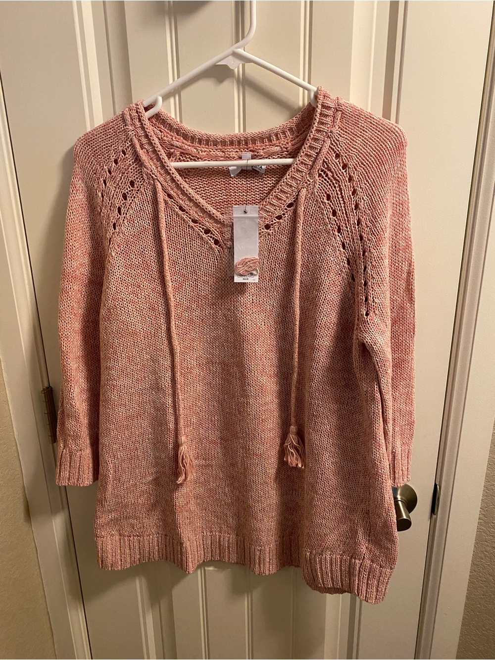 NWT Sonoma L Sweater Pink Pullover Knit Tassel Tie Front Large Lg